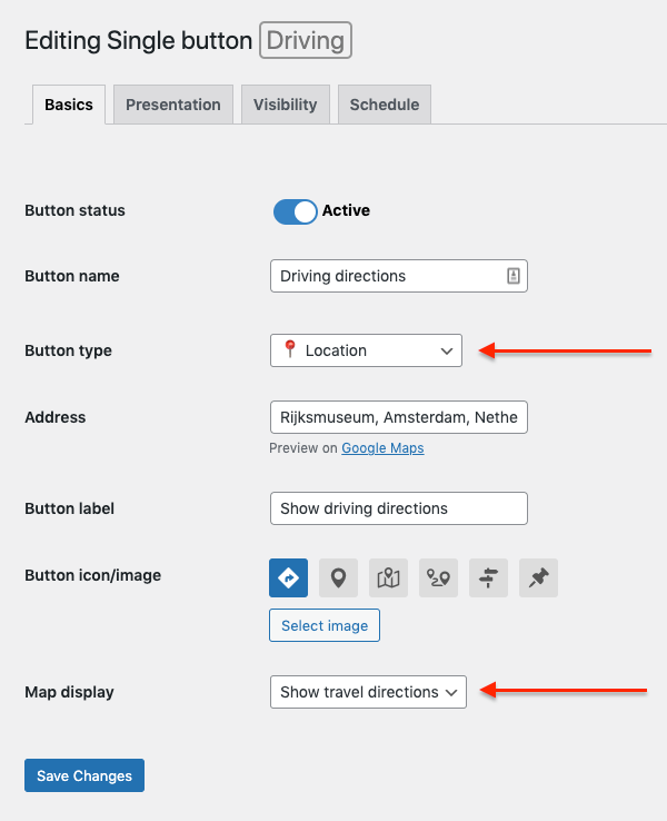 Selecting Travel Directions in the WordPress plugin interface