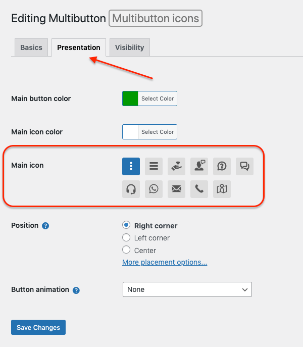 Selecting the main Multibutton icon in the WordPress plugin interface