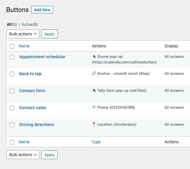 The buttons overview page where you can add, edit and remove buttons.