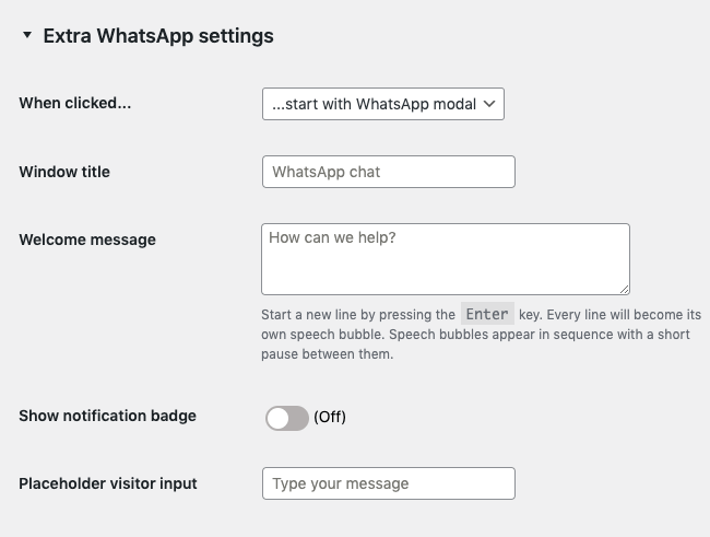 Some actions accept extra settings for more advanced features. Here\'s an example for WhatsApp.