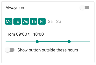By default the toggle is switched off which means NowButtons is only visible between the start and end time on the selected days.