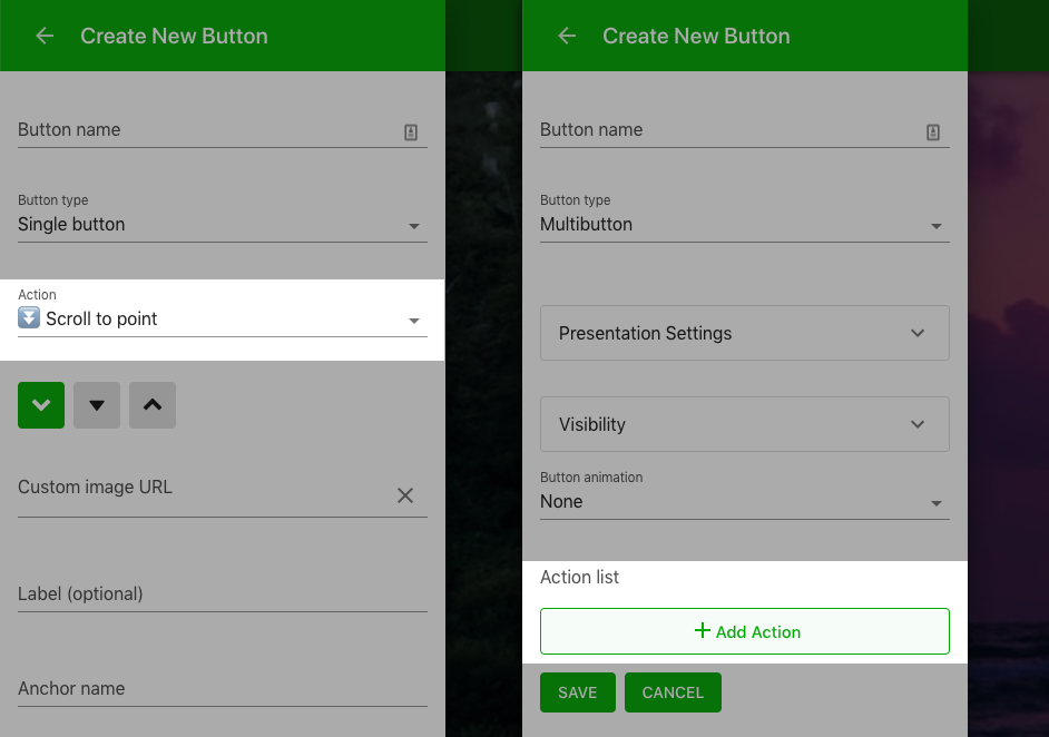 When editing a single button (left), the Action is directly visible. For the Multibutton and Buttonbar you will need to click <em>Add action</em> to reveal the setting.