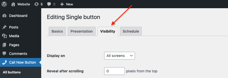The Visibility tab in NowButtons for WordPress interface.